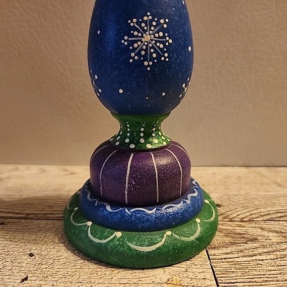 7" Colorful Wooden Candle Holder Snowflakes Purple Blue Hand Painted Made/USA - Picture 4 of 10